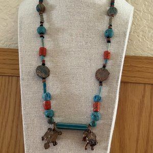 Turquoise Howlite, Coral, Copper, Ceramic Necklace, 23 inches long,